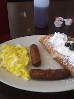 Blueberry Cream Cheese Stuffed Pancake with Scrambled Eggs & Sausage Links